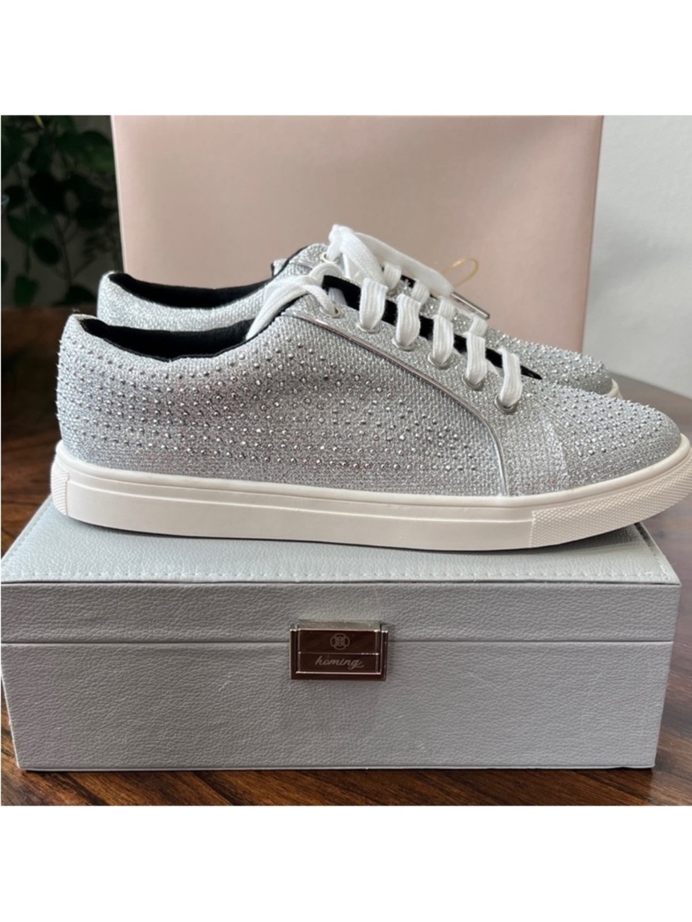 Jewel Badgley Mischka Silver Crystal Embellished Lace-Up Sneakers NIB 8